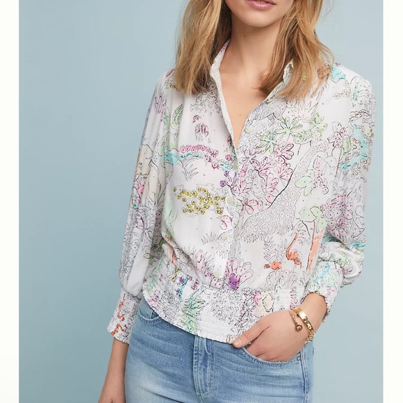 Anthropologie Tops - Anthropologie Maeve Rosa Color By Numbers Printed Smocked Hem Blouse size small